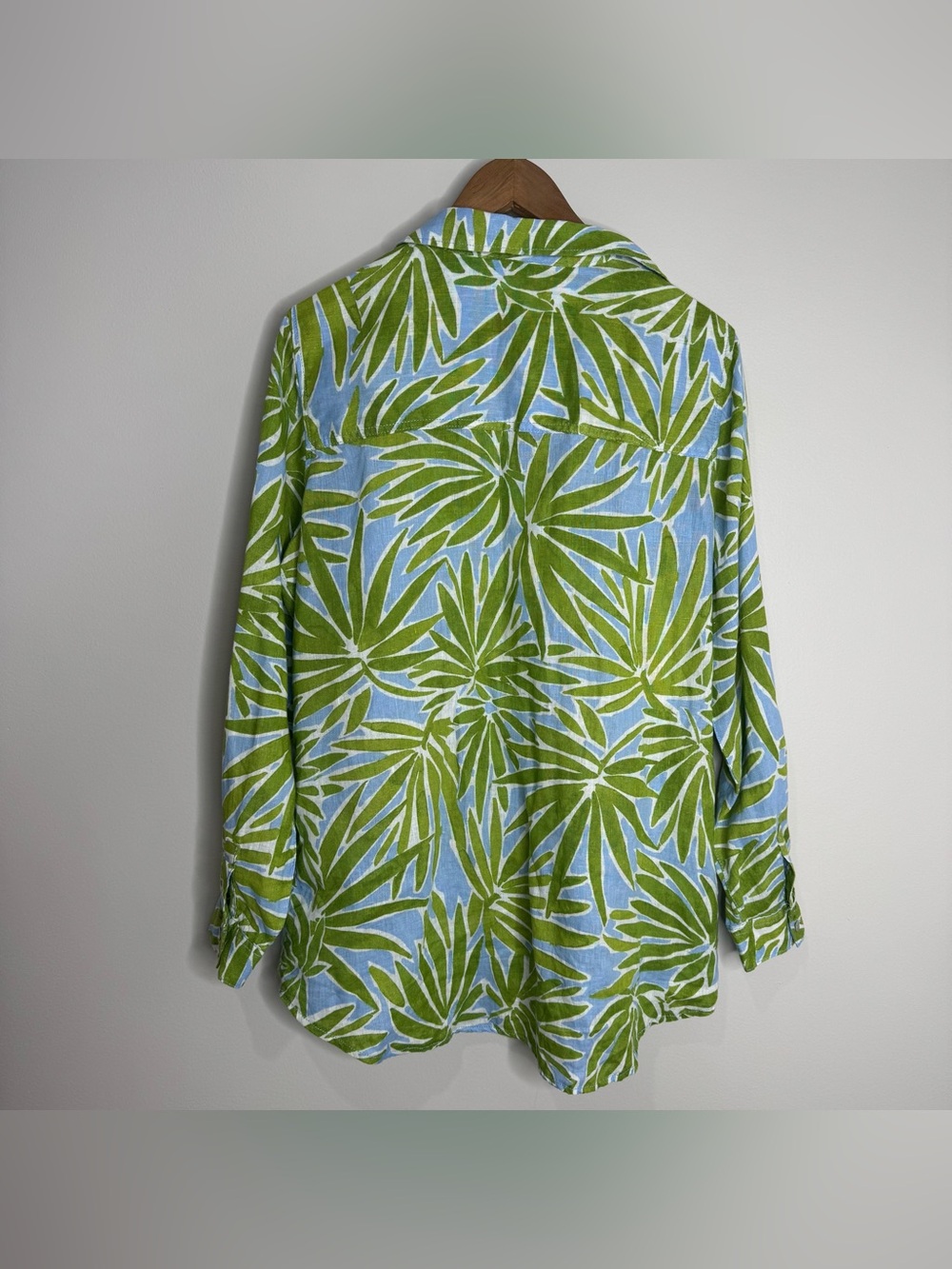 Sigrid Olsen 100% Linen Green Blue Tropical Oversized Button Up Shirt Large - Picture 5 of 6